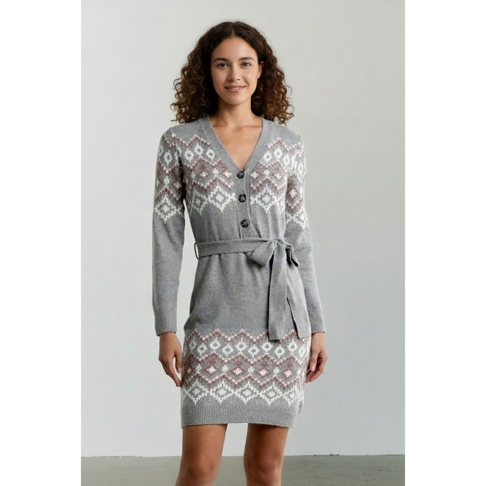 Lucky‎ Brand Womens Grey Fair Isle Knit Button Front Belted Cardigan Dress M NEW